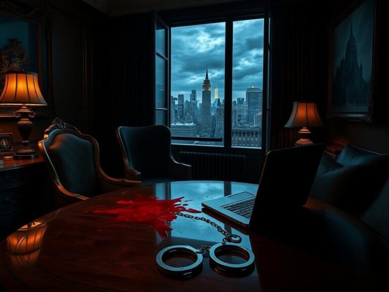 Flick International Luxurious townhouse interior in SoHo with bloodstained chair and shattered laptop