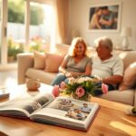Flick International A cozy living room scene with a family photo album on the coffee table, embodying togetherness and new beginnings.