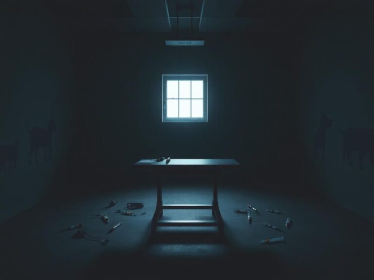 Flick International Empty laboratory setting with a stark surgical table and scattered medical instruments symbolizing the halt of animal experiments