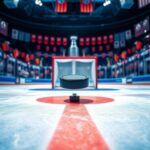 Flick International Close-up of an ice rink with Edmonton Oilers colors and a hockey puck mid-air