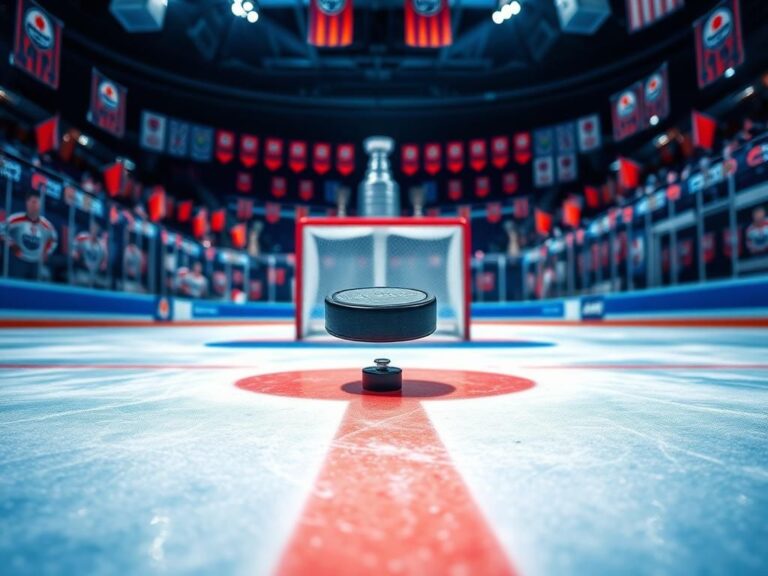 Flick International Close-up of an ice rink with Edmonton Oilers colors and a hockey puck mid-air