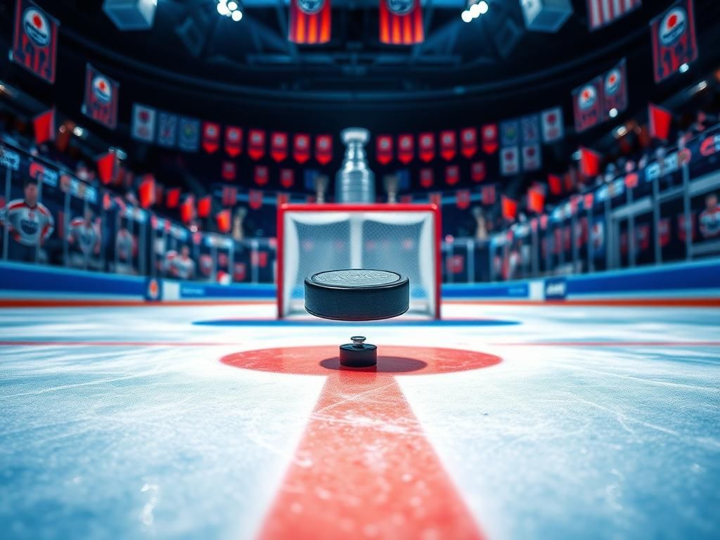 Flick International Close-up of an ice rink with Edmonton Oilers colors and a hockey puck mid-air