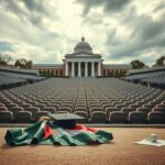 Flick International Empty campus amphitheater with a discarded Palestinian flag symbolizing student protest at MIT