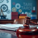 Flick International A dramatic courtroom scene featuring a wooden gavel and legal documents related to tariffs.