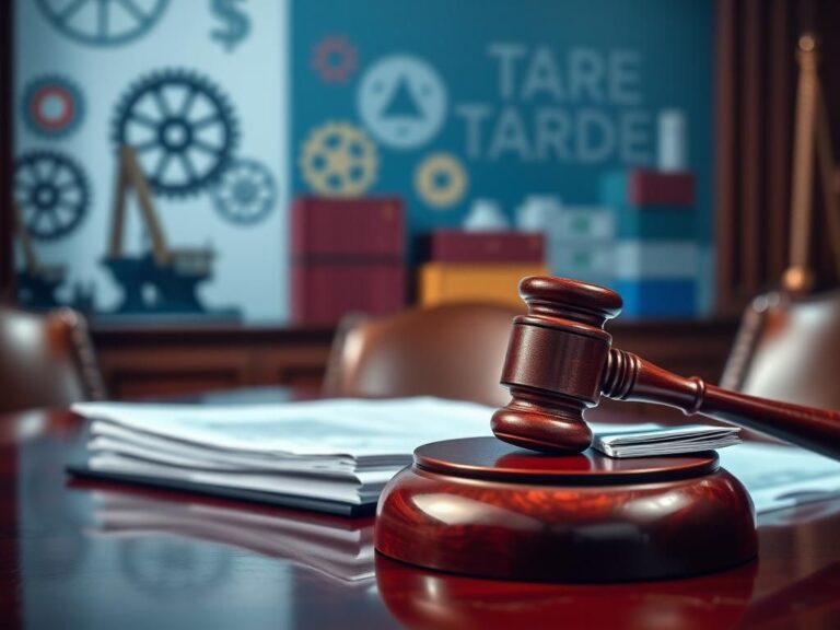 Flick International A dramatic courtroom scene featuring a wooden gavel and legal documents related to tariffs.