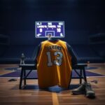 Flick International A dramatic basketball court scene with a Lakers jersey on an empty bench after a playoff loss