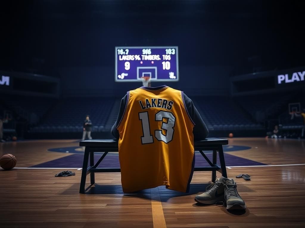 Flick International A dramatic basketball court scene with a Lakers jersey on an empty bench after a playoff loss