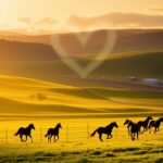 Flick International Silhouettes of racehorses galloping in lush Kentucky fields at dawn