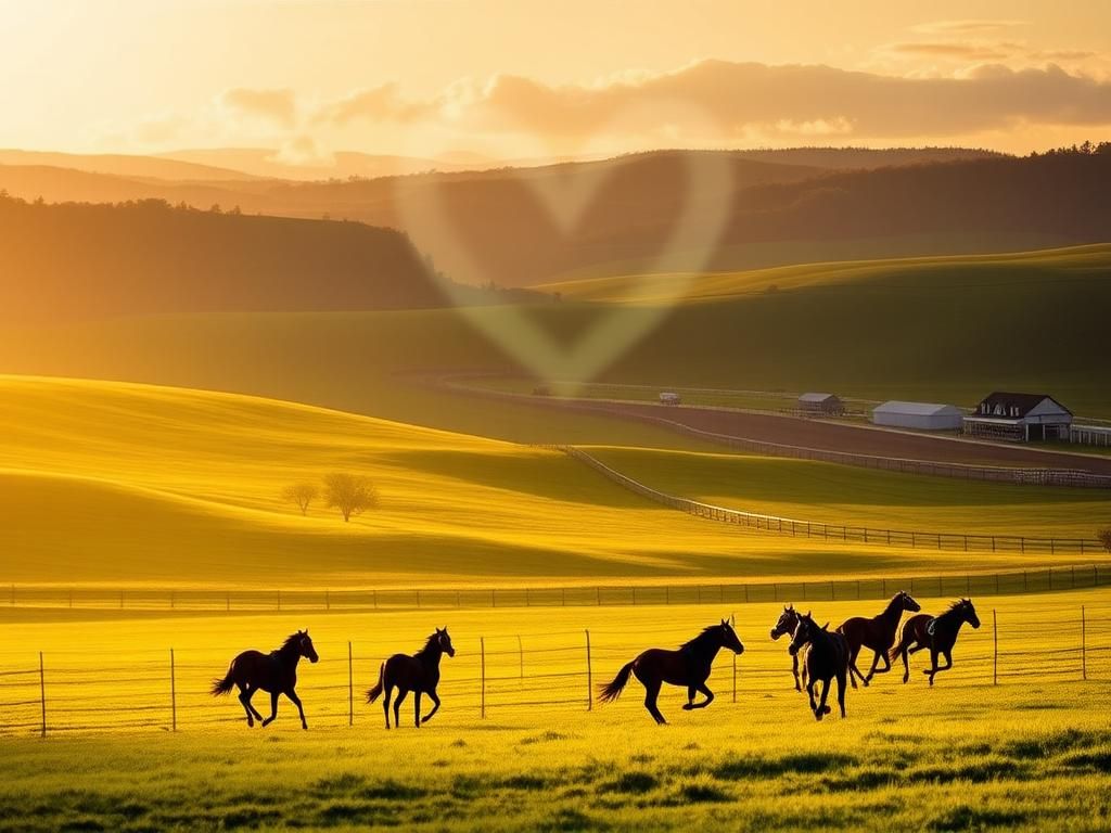 Flick International Silhouettes of racehorses galloping in lush Kentucky fields at dawn