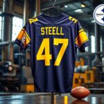Flick International Custom Pittsburgh Steelers jersey showcased against U.S. Steel plant backdrop