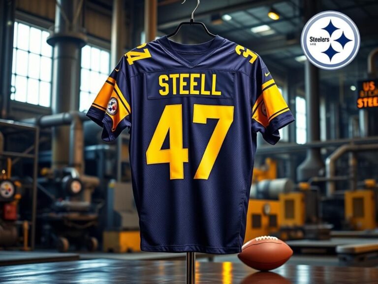 Flick International Custom Pittsburgh Steelers jersey showcased against U.S. Steel plant backdrop