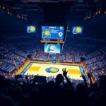 Flick International Intense basketball arena scene with Indiana Pacers colors and scoreboard