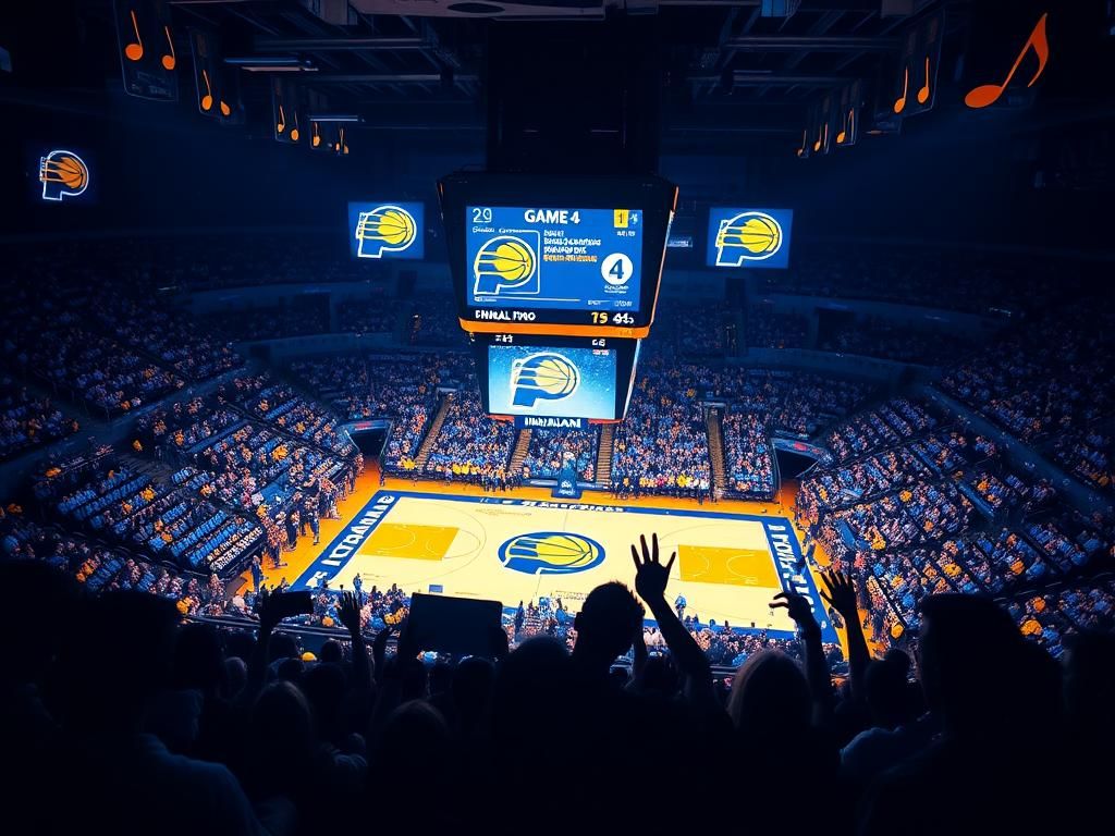 Flick International Intense basketball arena scene with Indiana Pacers colors and scoreboard