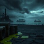 Flick International Dark landscape featuring an industrial oil terminal under a stormy sky