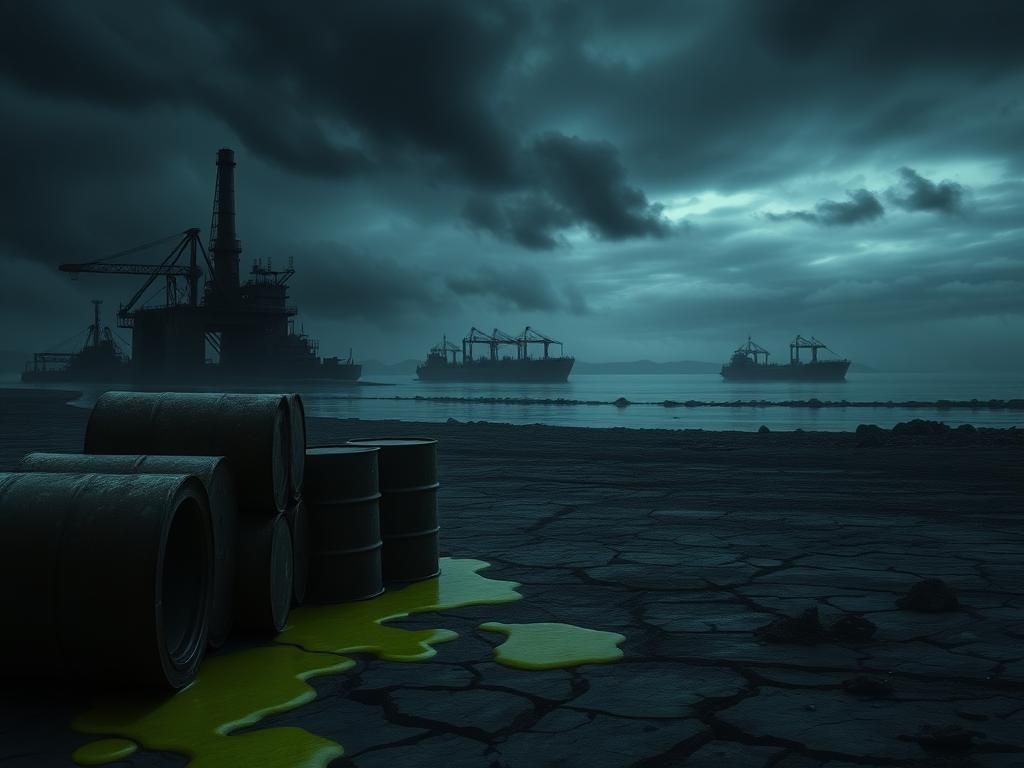 Flick International Dark landscape featuring an industrial oil terminal under a stormy sky