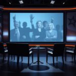 Flick International Empty talk show set of 'The View' with microphones and a coffee cup, symbolizing political tension.