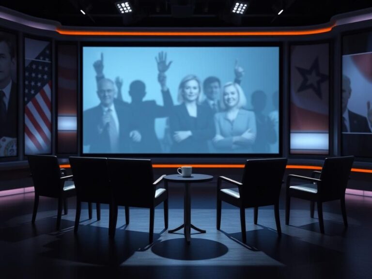 Flick International Empty talk show set of 'The View' with microphones and a coffee cup, symbolizing political tension.