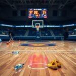 Flick International Basketball court after a game, showcasing an abandoned scene filled with basketballs and a water bottle, reflecting the Dallas Wings' recent loss.