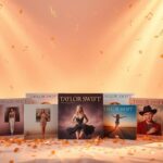 Flick International Vibrant celebration of Taylor Swift's album ownership with six albums displayed and festive atmosphere