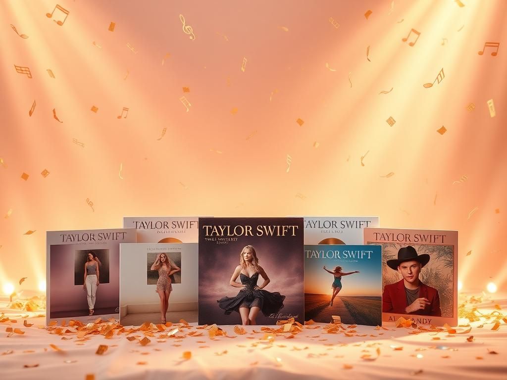 Flick International Vibrant celebration of Taylor Swift's album ownership with six albums displayed and festive atmosphere