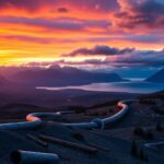 Flick International Twilight Alaskan landscape with mountains, an abandoned pipeline, and a desolate industrial site