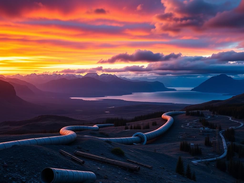 Flick International Twilight Alaskan landscape with mountains, an abandoned pipeline, and a desolate industrial site