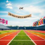Flick International A vibrant outdoor track and field stadium in Clovis, California, featuring hurdles and banners amid a tense atmosphere.