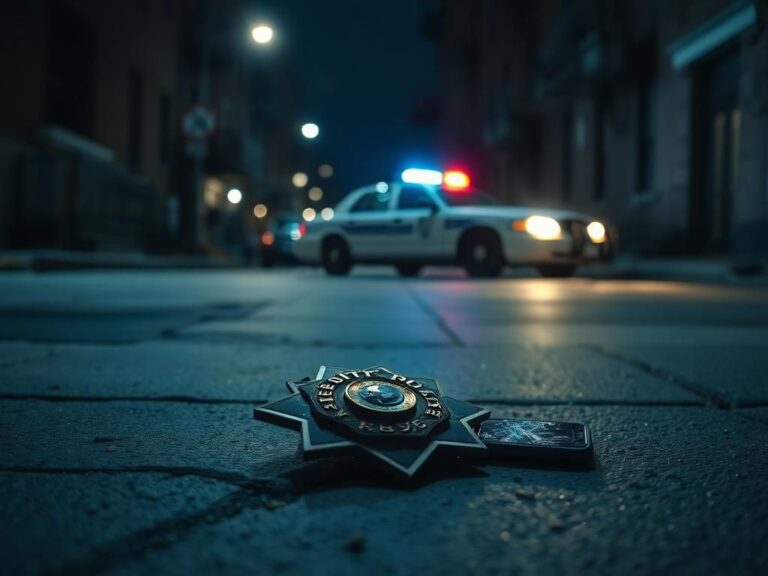 Flick International Abandoned police badge on a dimly lit Bronx street representing police tensions