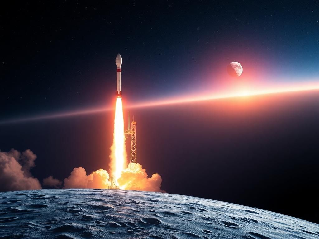 Flick International Launch of the Tianwen-2 space probe from a Chinese launch pad against a starry sky