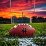 Flick International Close-up of a well-worn football on grass with dew and goalposts in sunset