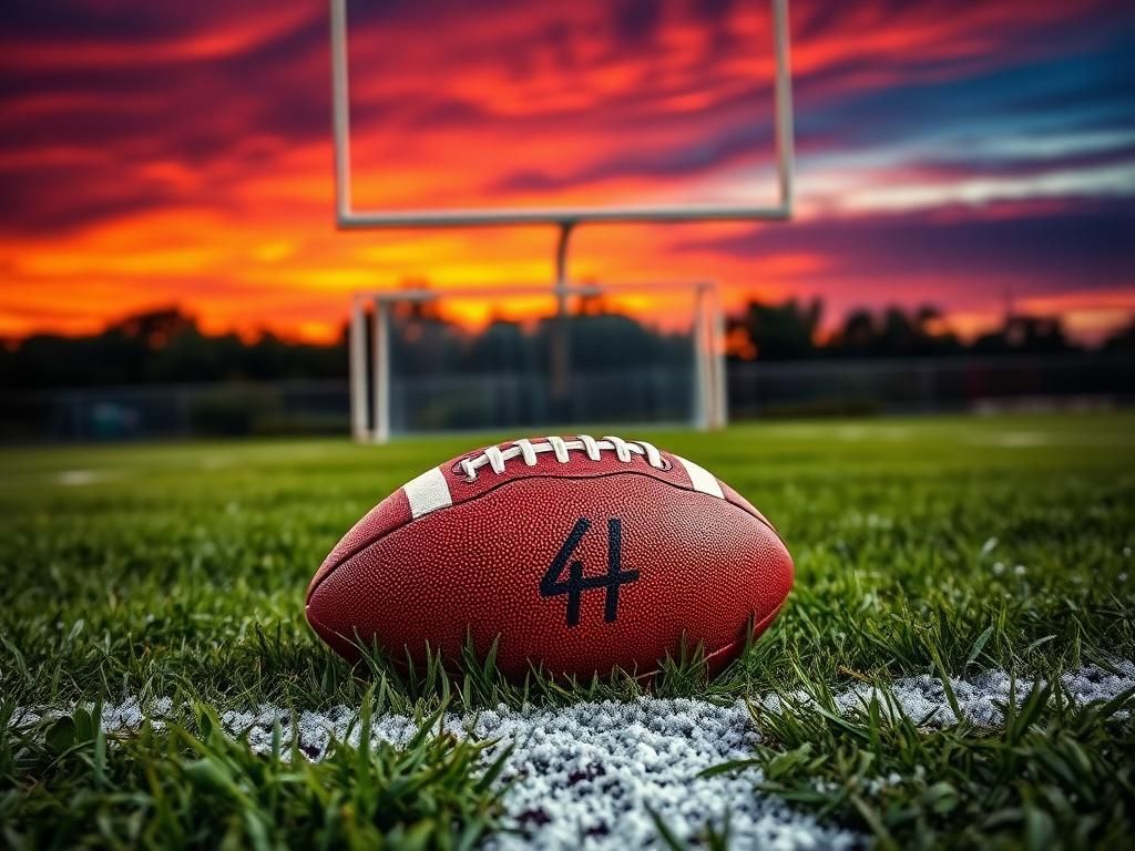 Flick International Close-up of a well-worn football on grass with dew and goalposts in sunset