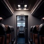 Flick International Dramatic scene inside an airplane cabin with an emergency exit door and safety strap