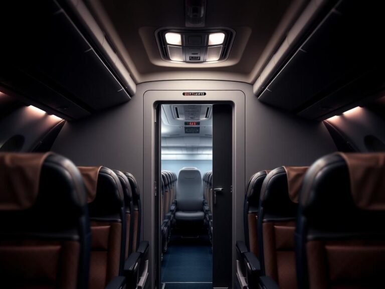 Flick International Dramatic scene inside an airplane cabin with an emergency exit door and safety strap