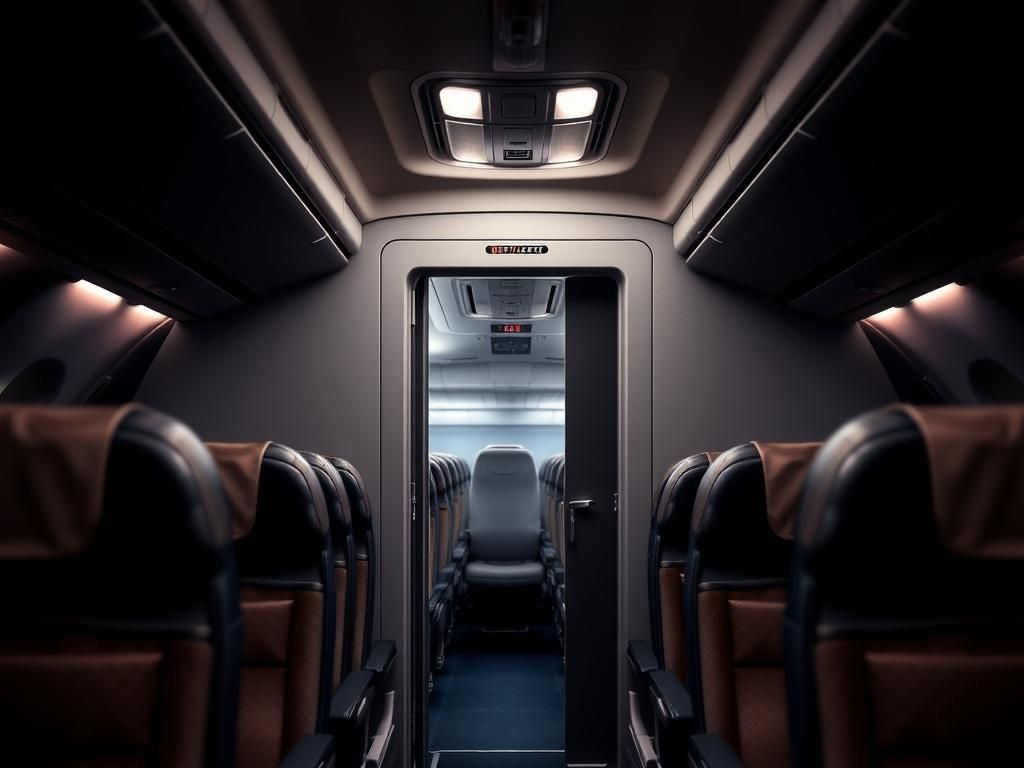 Flick International Dramatic scene inside an airplane cabin with an emergency exit door and safety strap