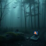Flick International A secluded wooded area in the Ozark Mountains with mist and a fallen log