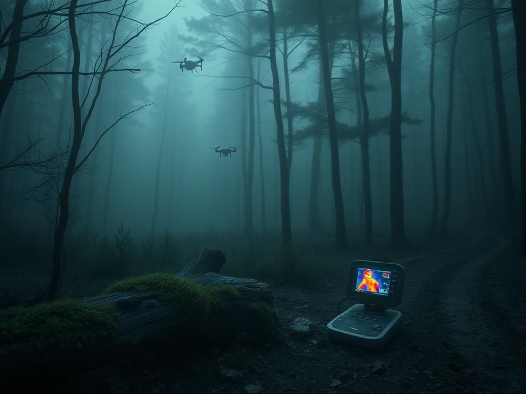 Flick International A secluded wooded area in the Ozark Mountains with mist and a fallen log