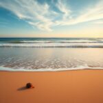 Flick International A serene beach scene at sunrise with gentle waves lapping at the shore