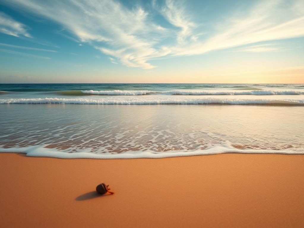 Flick International A serene beach scene at sunrise with gentle waves lapping at the shore