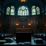 Flick International An empty defense table laden with legal documents in a grand courtroom setting