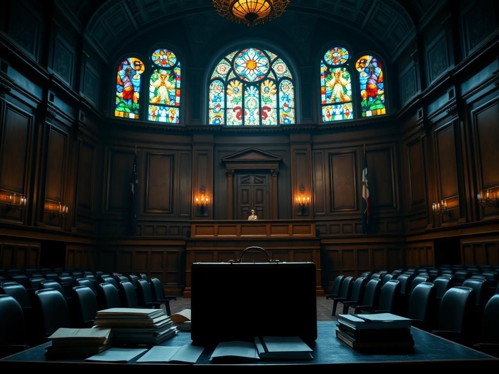 Flick International An empty defense table laden with legal documents in a grand courtroom setting