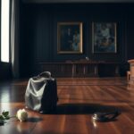 Flick International Courtroom scene depicting tension with empty wooden bench and rose