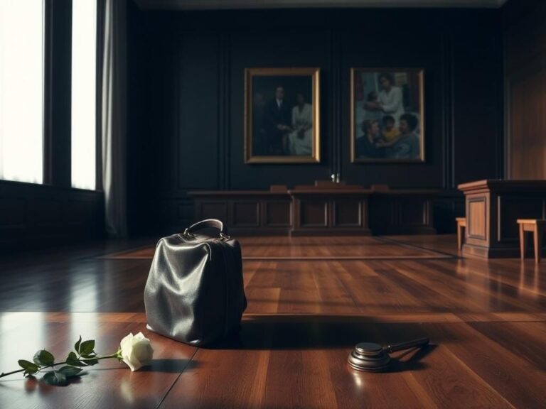 Flick International Courtroom scene depicting tension with empty wooden bench and rose