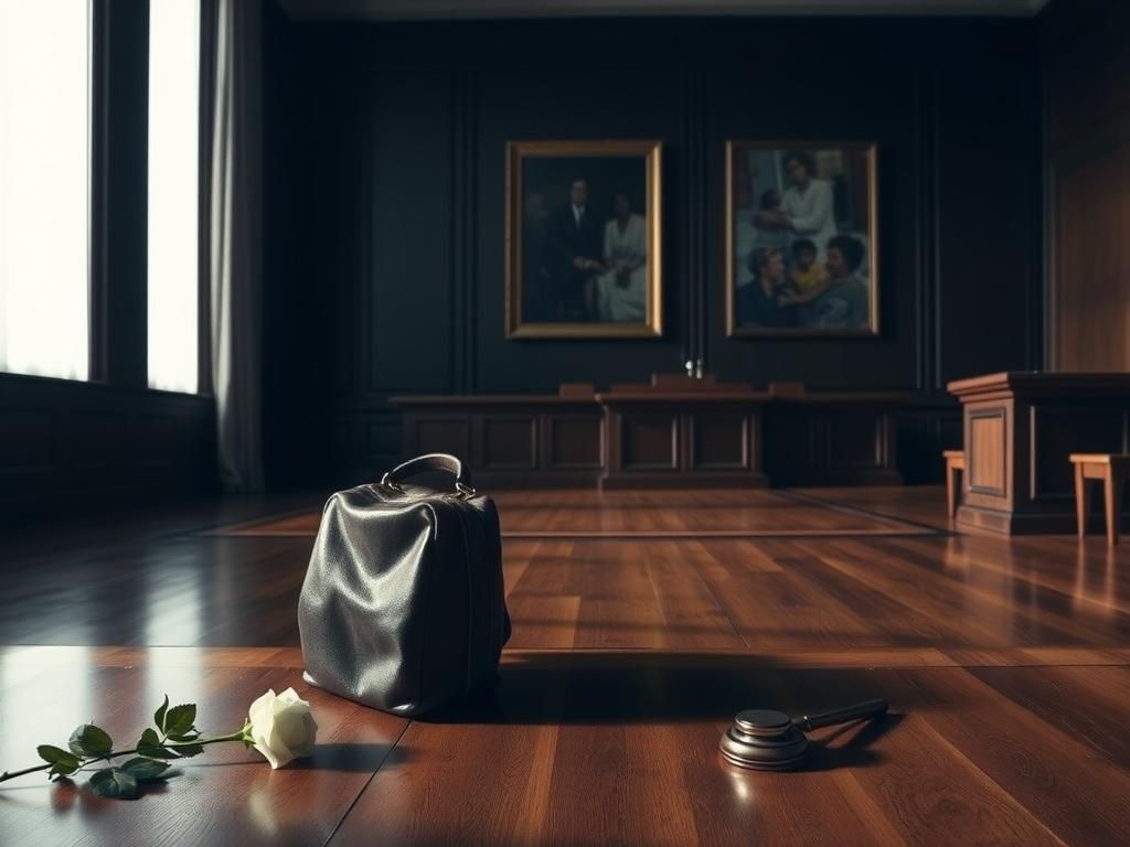 Flick International Courtroom scene depicting tension with empty wooden bench and rose