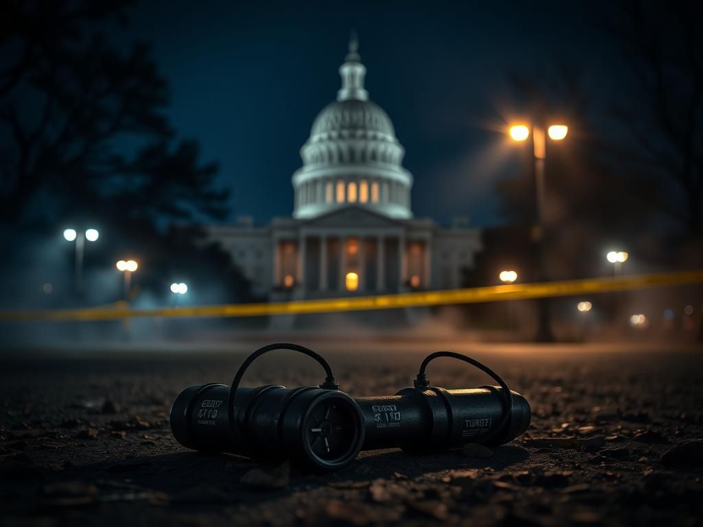 Flick International Dimly lit night scene of the U.S. Capitol with pipe bombs on the ground