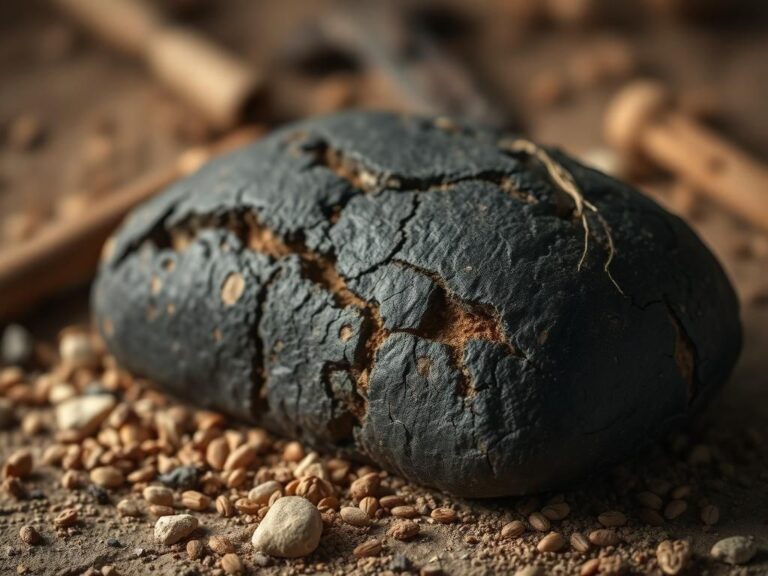 Flick International Close-up of a 5,000-year-old loaf of ancient bread resting on a textured surface