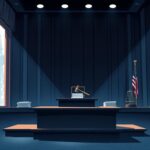 Flick International Illustration of a courtroom symbolizing the NPR lawsuit against Trump