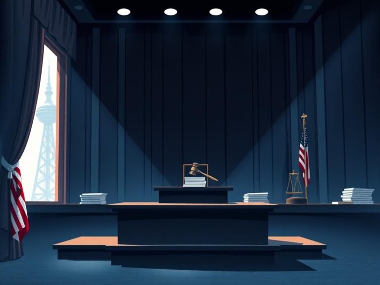 Flick International Illustration of a courtroom symbolizing the NPR lawsuit against Trump