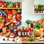 Flick International A split-scene image contrasting ultraprocessed foods with healthy alternatives on a kitchen counter