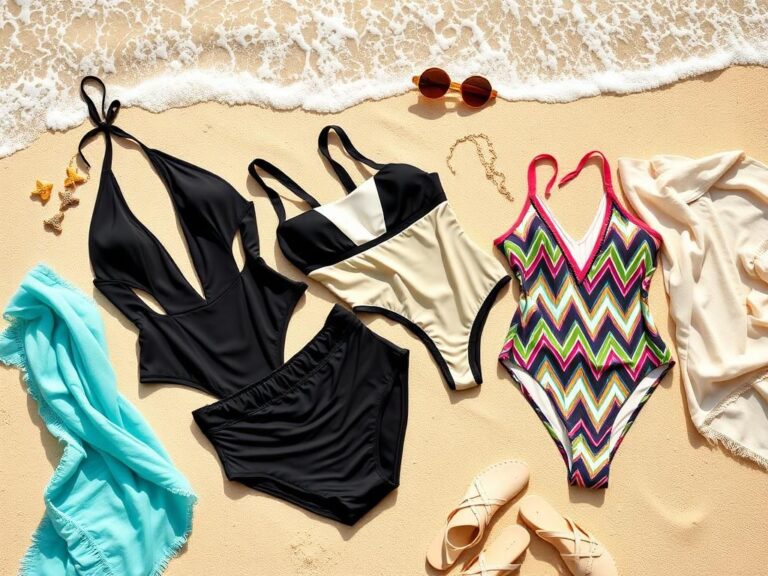 Flick International Stylish swimwear collection displayed on a sandy beach with waves in the background
