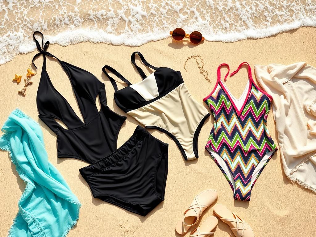 Flick International Stylish swimwear collection displayed on a sandy beach with waves in the background